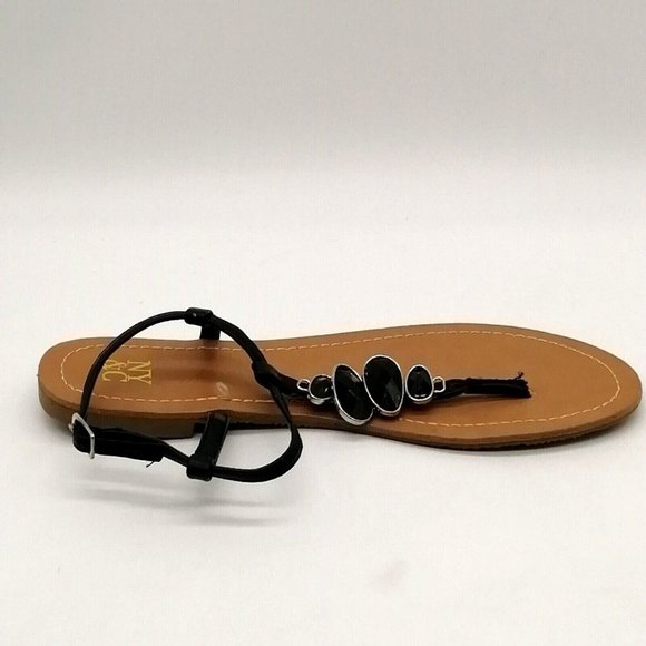 NY&C Womens Thong Sandal Black Beaded Front Ankle Strap Flat Heel‎ Cushion Sz 7 - Picture 1 of 11